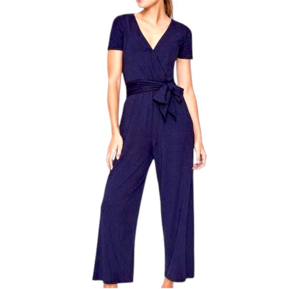Boden Ellen Jersey Knit Crop Wide Leg Jumpsuit Navy Size 6 Tie Waist Wrap Top - Picture 1 of 16
